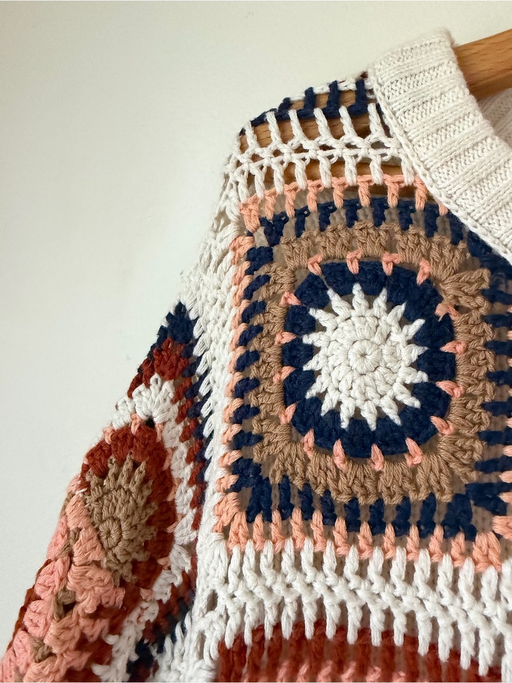 American Eagle Outfitters Crochet Square Pullover Sweater - White, Rust & Navy - Picture 7 of 9
